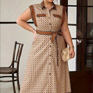 Brown Cap Sleeve Collared Belted Midi Dress